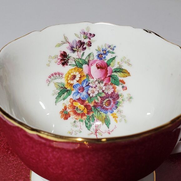 Coalport Teacup and Saucer Burgundy Pink Yellow Blue Flowers Vintage - Picture 3 of 10